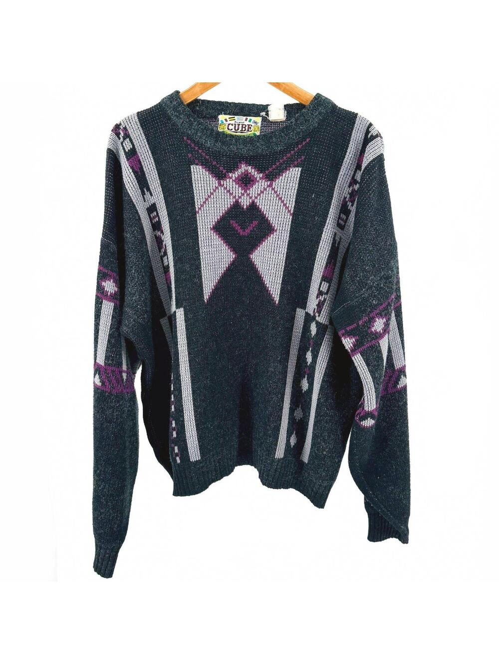 Vintage 90s Cube Charcoal Purple Geometric Knit Sweater